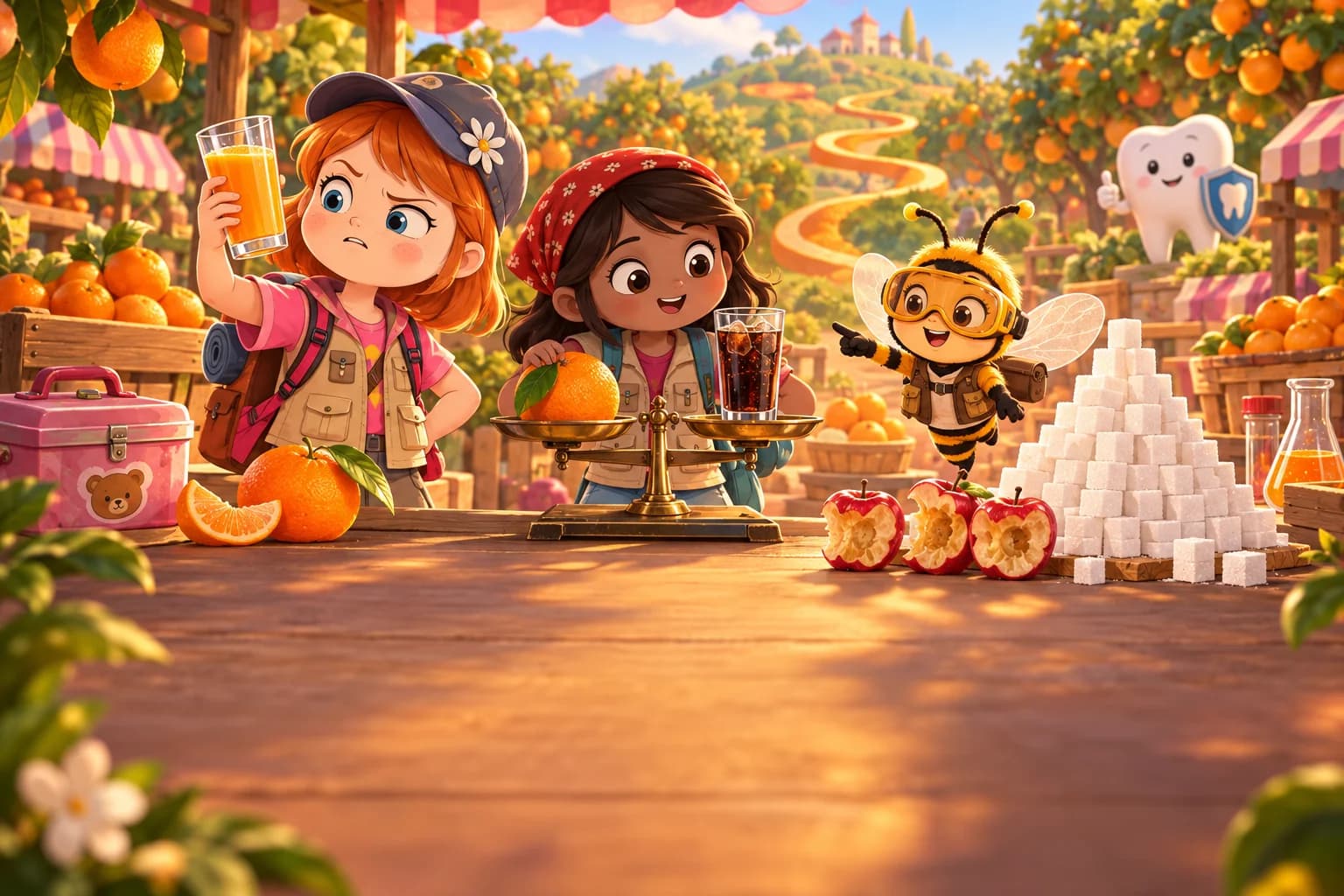 Two children and a cartoon bee weigh an orange against a glass of cola on a market-stall scale, with a tall pyramid of sugar cubes and bitten apples beside them