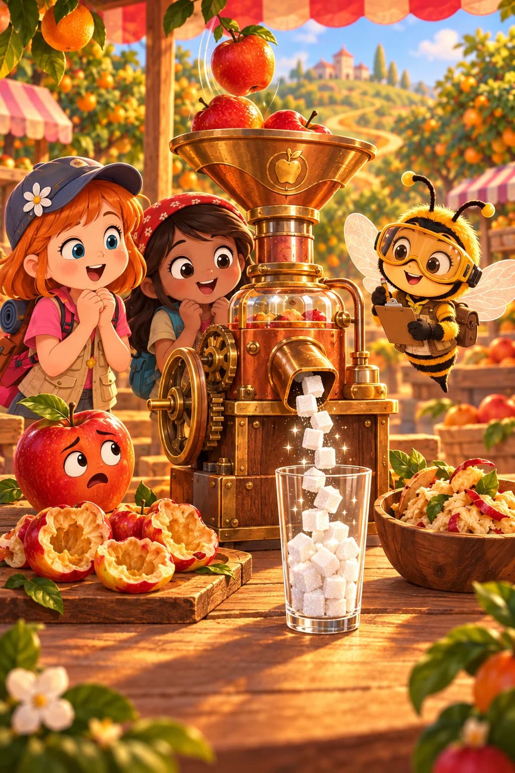 Een koperen fruitpers knijpt appels terwijl er suikerklontjes uit de tuit in een glas storten, gezien door twee kinderen, een cartoonbij met een klembord en een bezorgde appel